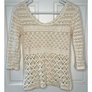 Lucky Brand Women's Sz Small Crochet Sweater Back Detail Cotton Feminine Boho